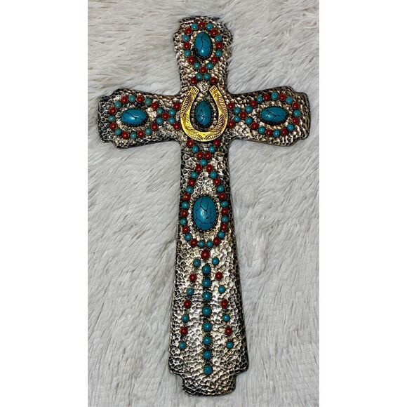 NWOT Montana West 14” Rustic Southwestern Turquoise Accent Horseshoe Wall Cross - Picture 8 of 8